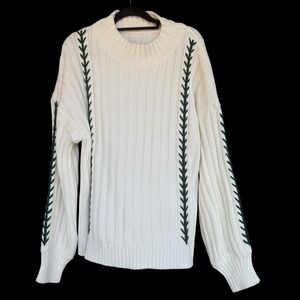 Floral Embroidered Sweater Womens Medium White Mock Neck Chunky Knit Pullover